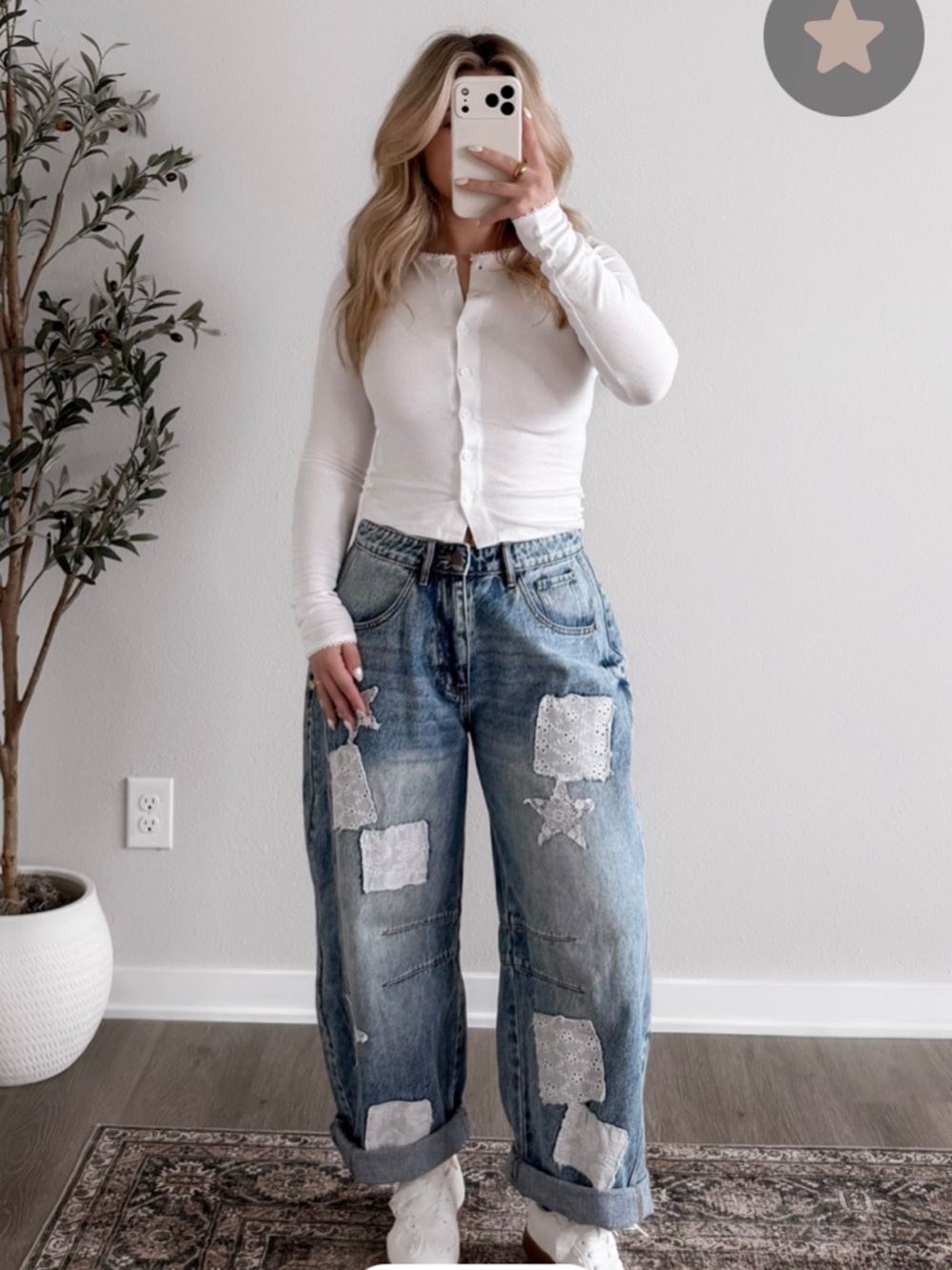 Eyelet Patchwork Barrel Jeans - Light Blue Denim